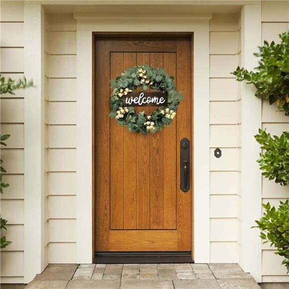 Green Artificial Eucalyptus Wreath with Welcome Sign 20in Spring Summer Wreath - Picture 2 of 7